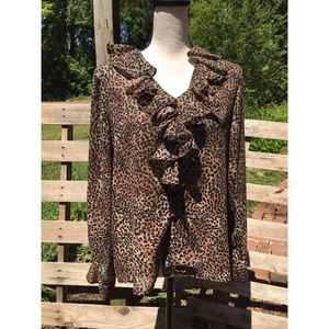 90s Vintage Leopard Print Ruffle Collar Poet Shirt